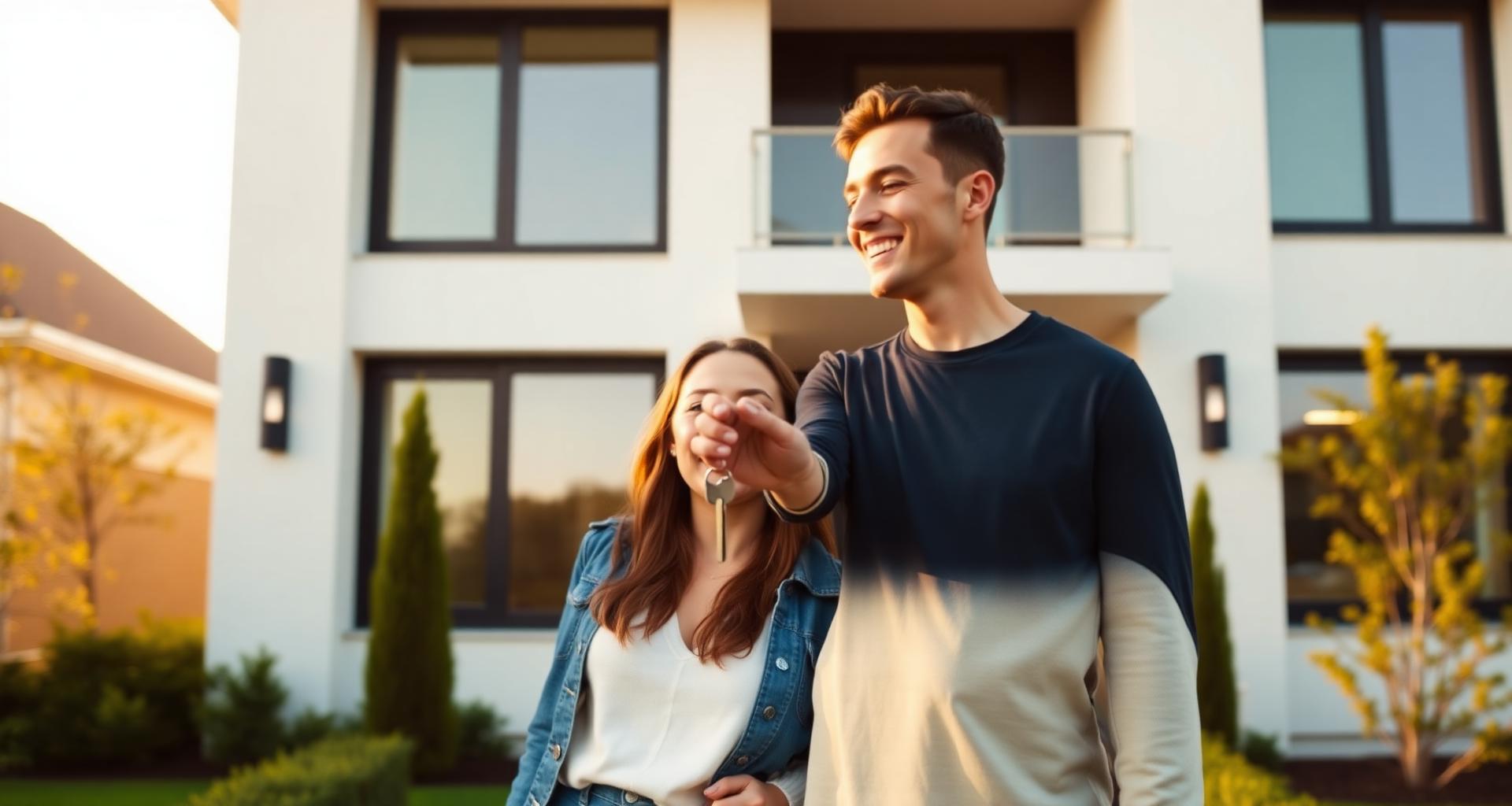 Happy young couple holding keys to their new home